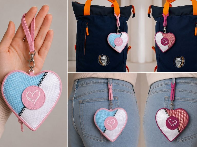 Mini pouch with carabiner attached to a bag or backpack